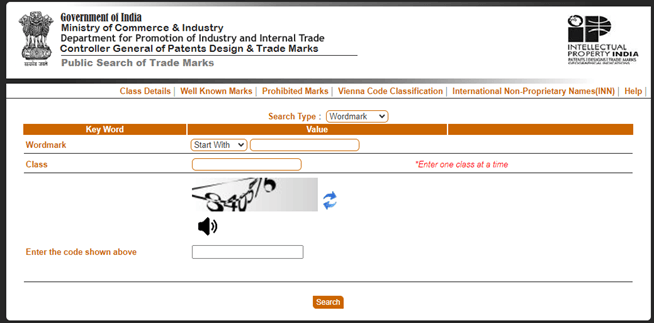 Screenshot of Ipindia.gov.in trademark search portal