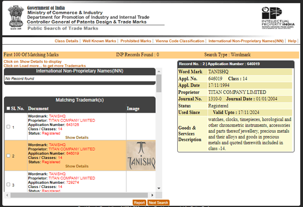 Trademark Search Result Page ipindia.gov.in