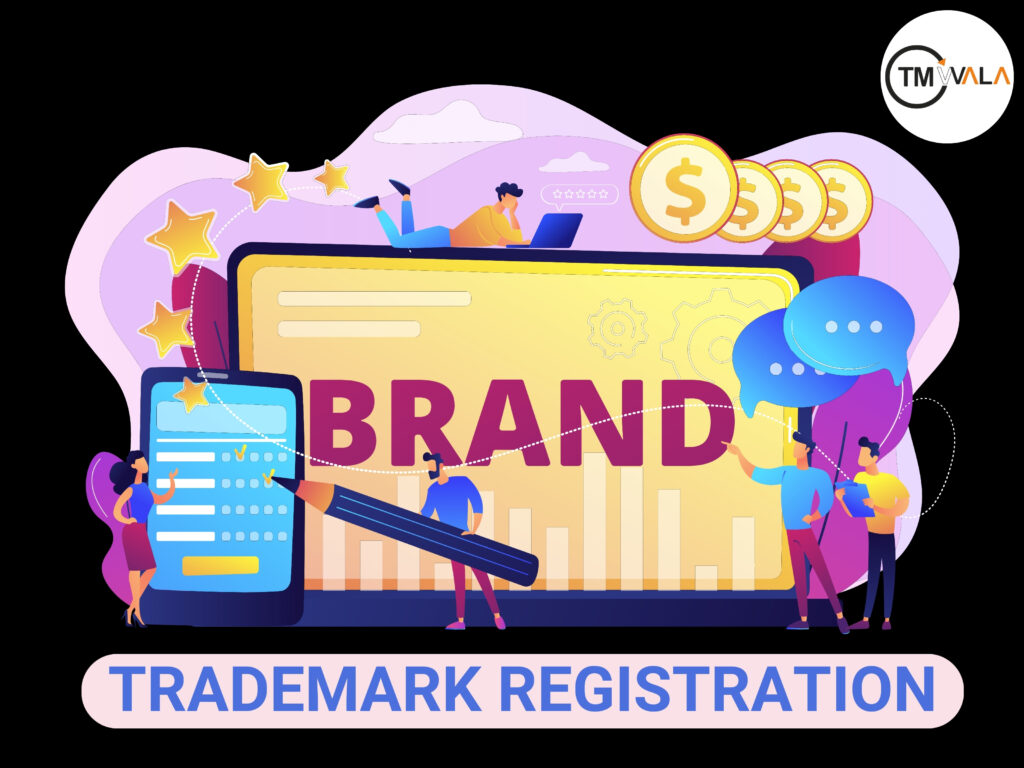 Illustration depicting the trademark registration process with the word "Brand" in bold, surrounded by icons representing legal documentation, money, and conversation. The image includes the logo for "TMWALA"