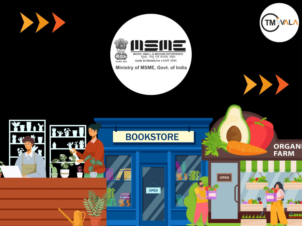 MSME registration visual featuring local businesses like a bookstore, organic farm, and plant store with the Ministry of MSME logo and TMWala branding.