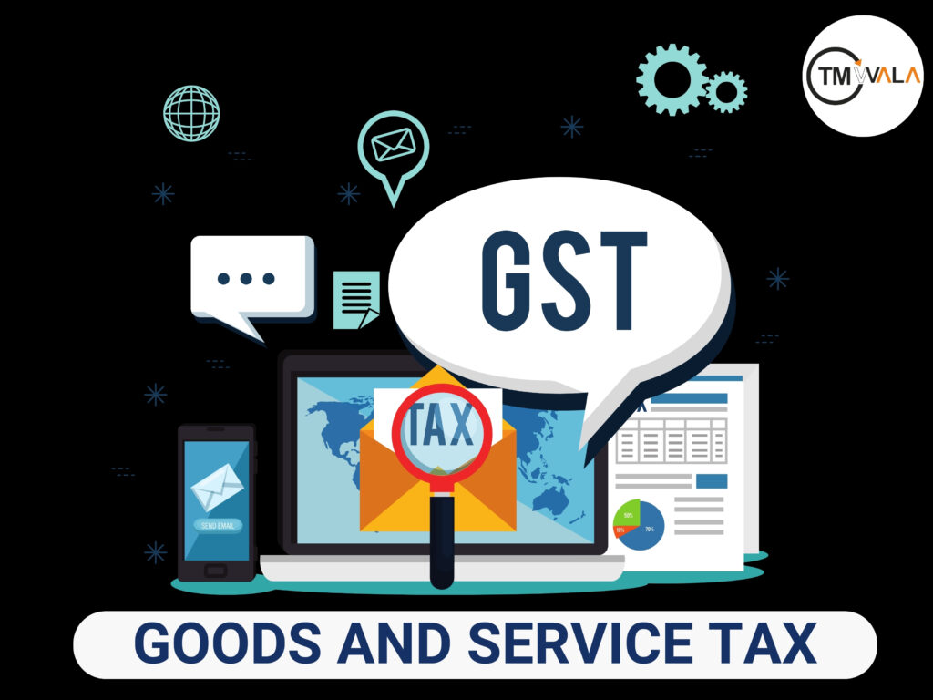 GST Registration Guide with laptop, mobile, tax documents, and communication icons by TMWala.