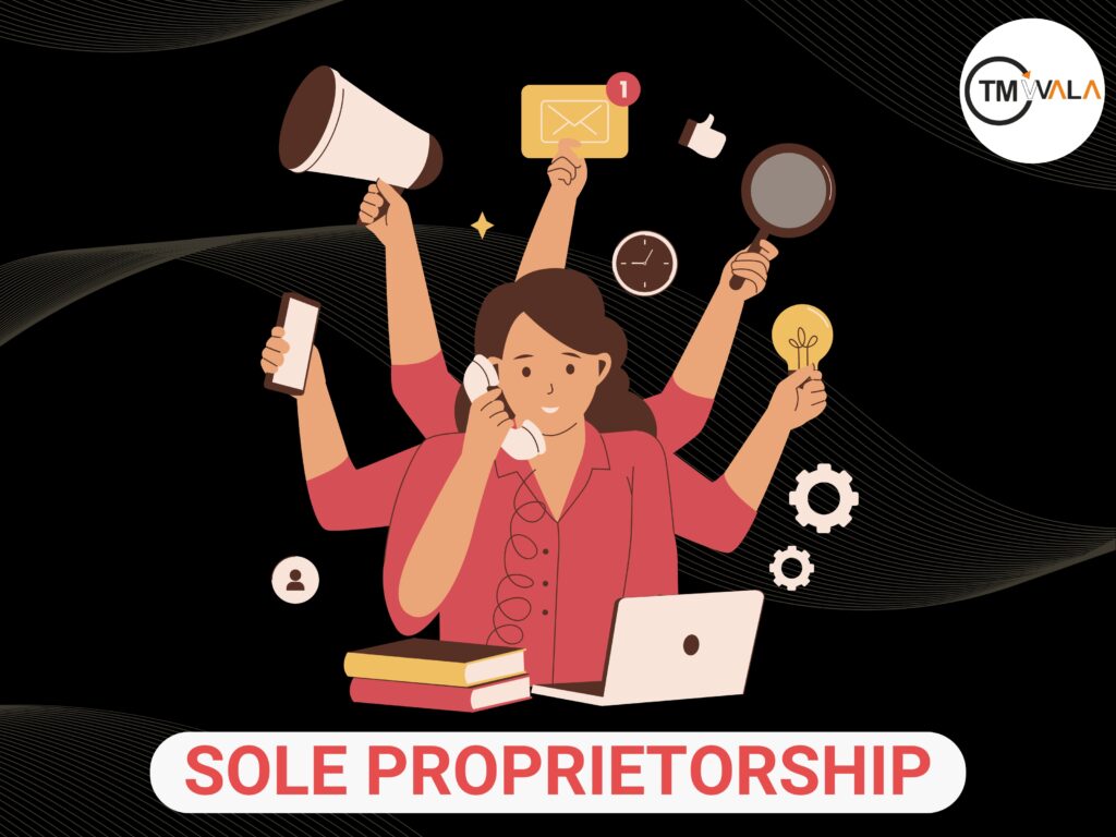 Entrepreneur managing multiple tasks in a sole proprietorship business, showcasing full control and flexibility.