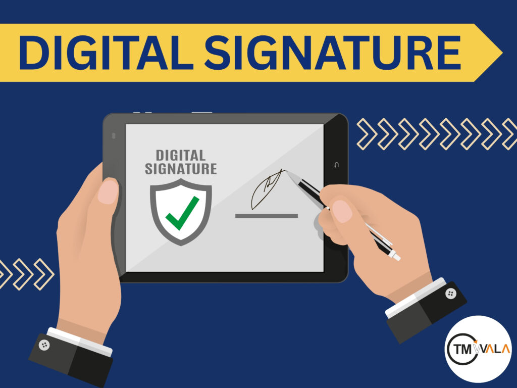 A professional using a digital signature on a tablet, surrounded by digital security graphics.