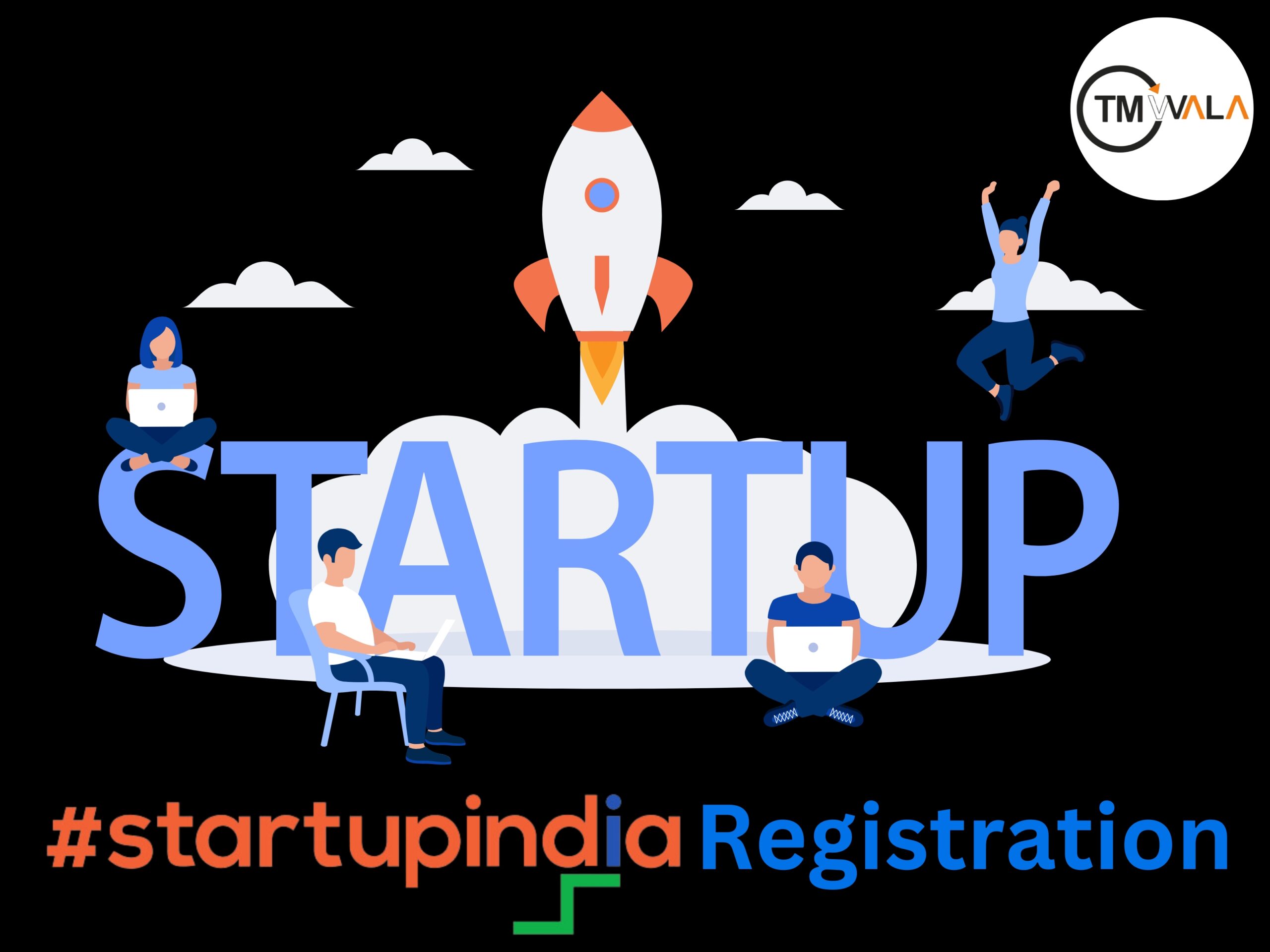 Illustration of startup concept with rocket launch and individuals using laptops, symbolizing #startupindia registration services by TM Wala.