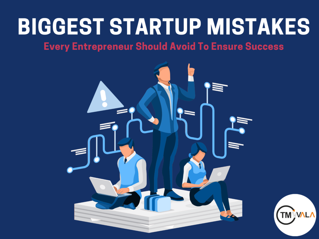 An illustrated image showing a distressed entrepreneur sitting at a desk with a cluttered workspace, surrounded by icons representing startup mistakes such as a broken lightbulb (poor planning), a downward arrow (mismanaged finances), and a puzzle piece not fitting (lack of market research). The background includes motivational posters and charts.