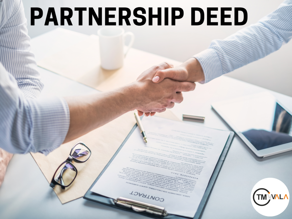 A professional business setting showing two partners shaking hands over a document, symbolizing agreement and mutual understanding in drafting a partnership deed.