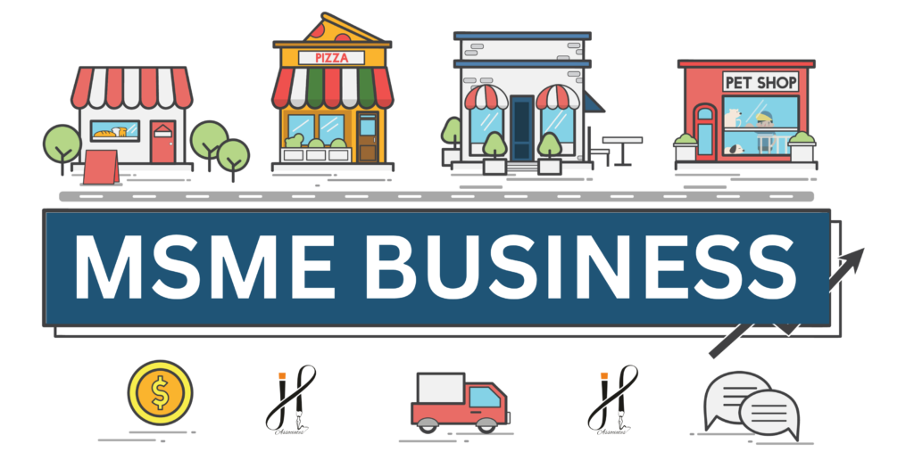 Illustration of small businesses including a bakery, pizza shop, retail store, and pet shop, with the bold text "MSME BUSINESS" indicating Micro, Small, and Medium Enterprises (MSMEs) and their growth.