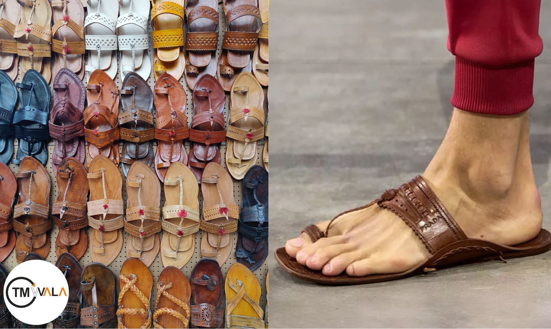 traditional Indian Kolhapuri chappals and a modern luxury branded version worn on a runway.