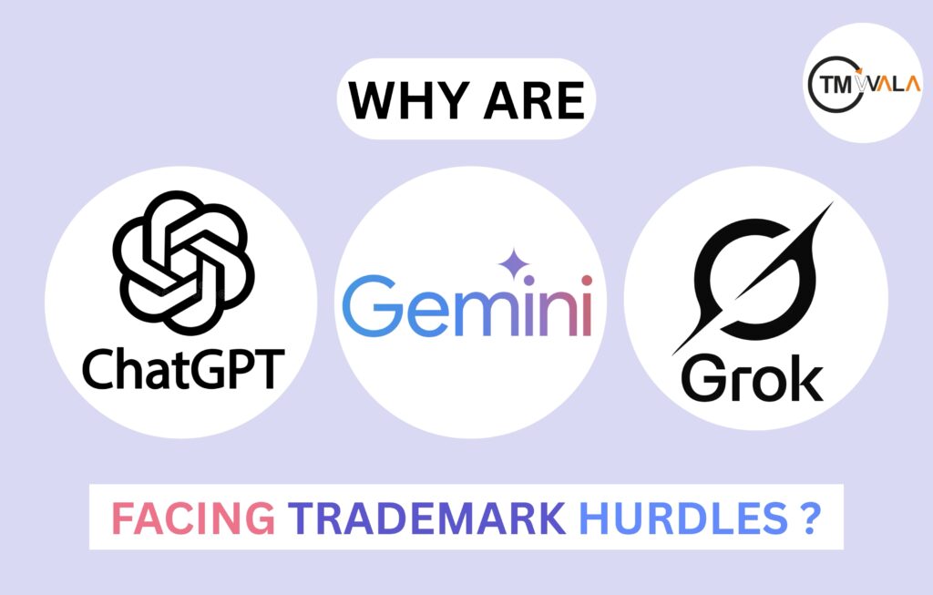 Why ChatGPT, Gemini, and Grok Are Facing Trademark Hurdles in India 1 Logos of ChatGPT, Gemini, and Grok with the question “Why are they facing trademark Classification?"