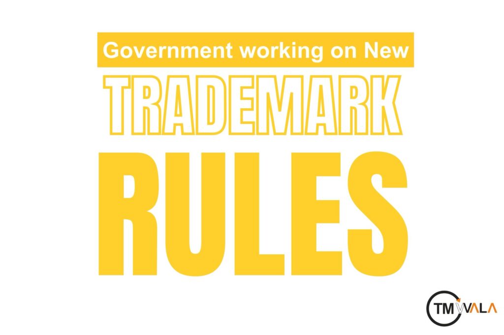 Government announcement banner about new trademark rules in bold yellow text.