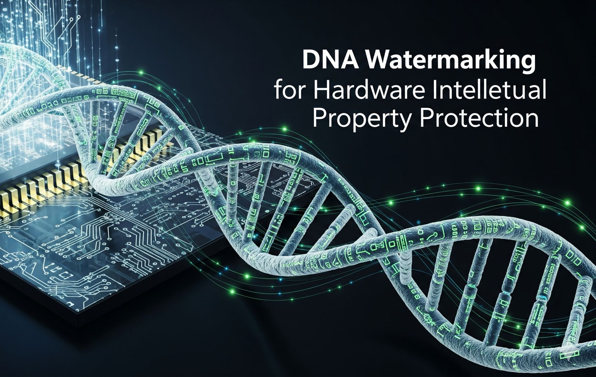 DNA watermarking technology for hardware intellectual property protection with digital DNA strand and microchip illustration.