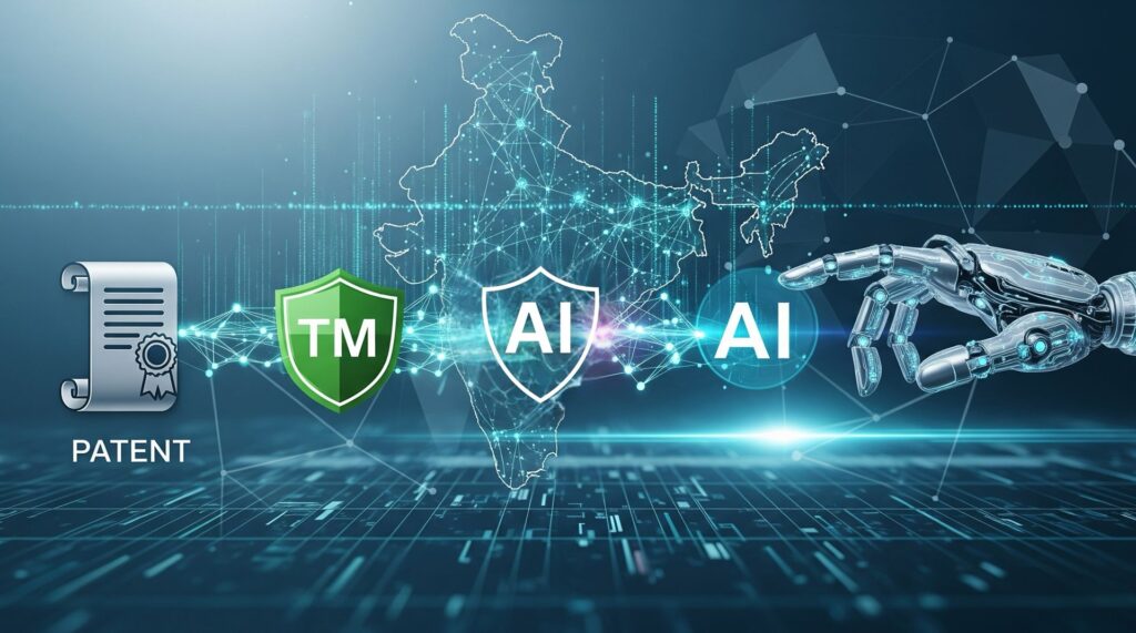AI tools intellectual property protection in India with patent, trademark, and copyright technology concepts.