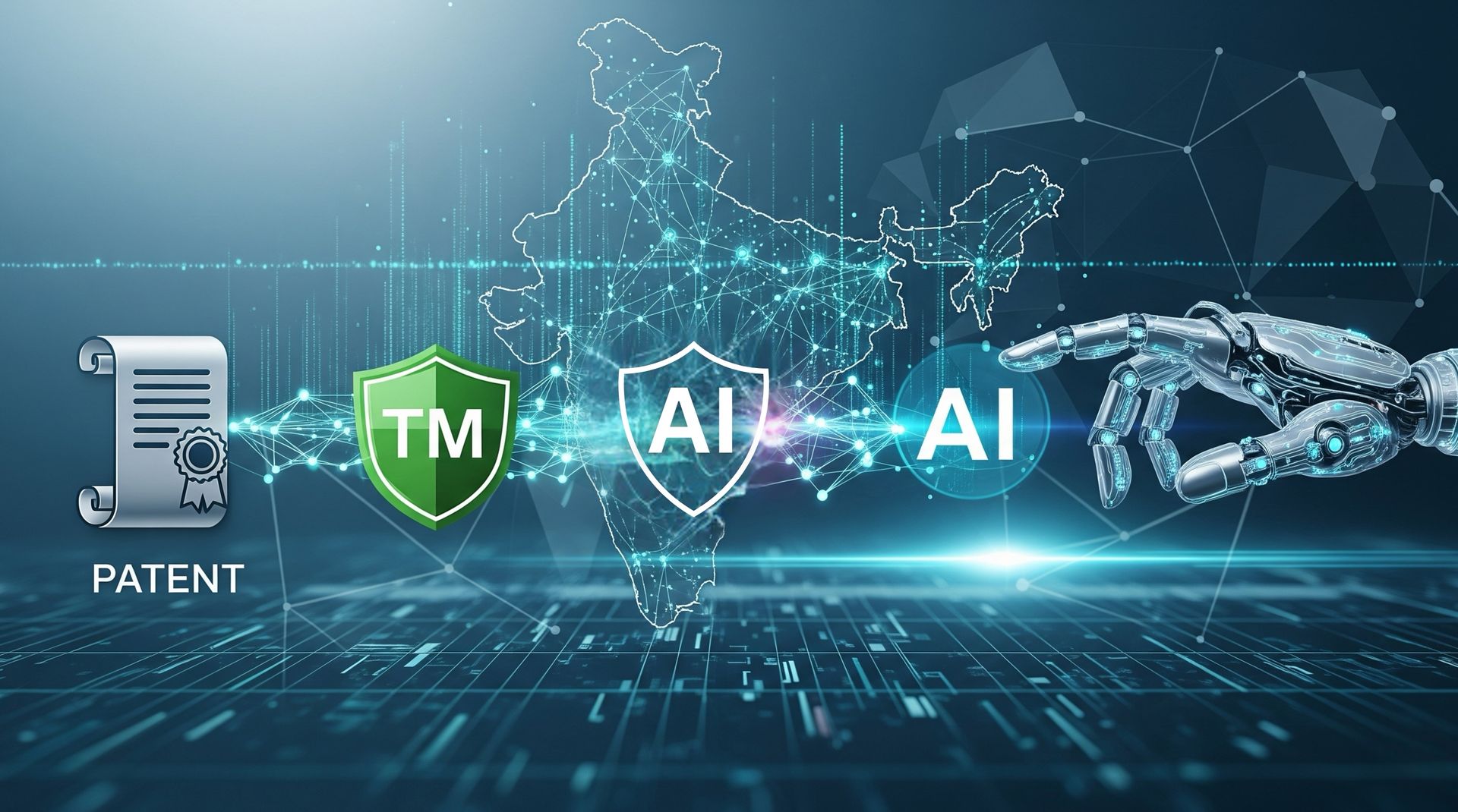 AI tools intellectual property protection in India with patent, trademark, and copyright technology concepts.
