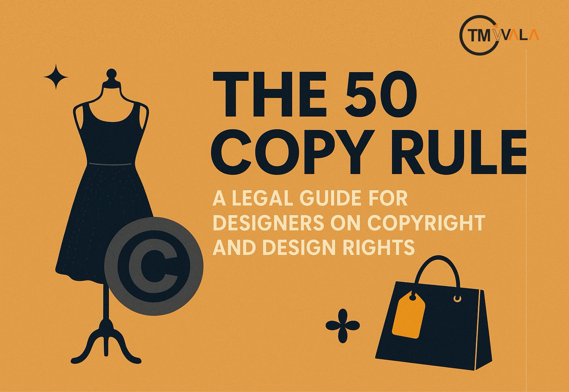 The 50 Copy Rule – Legal guide for designers on copyright and design rights with dress and shopping bag illustration.