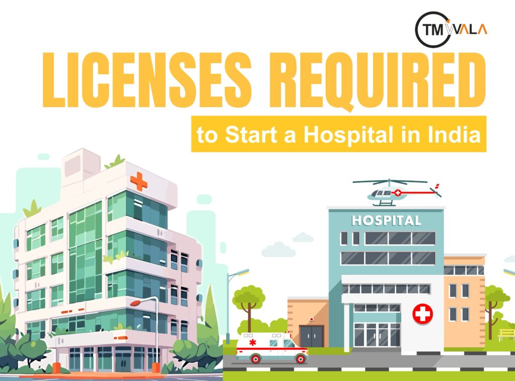 Licenses required to start a hospital in India – hospital building illustration with ambulance and helicopter.