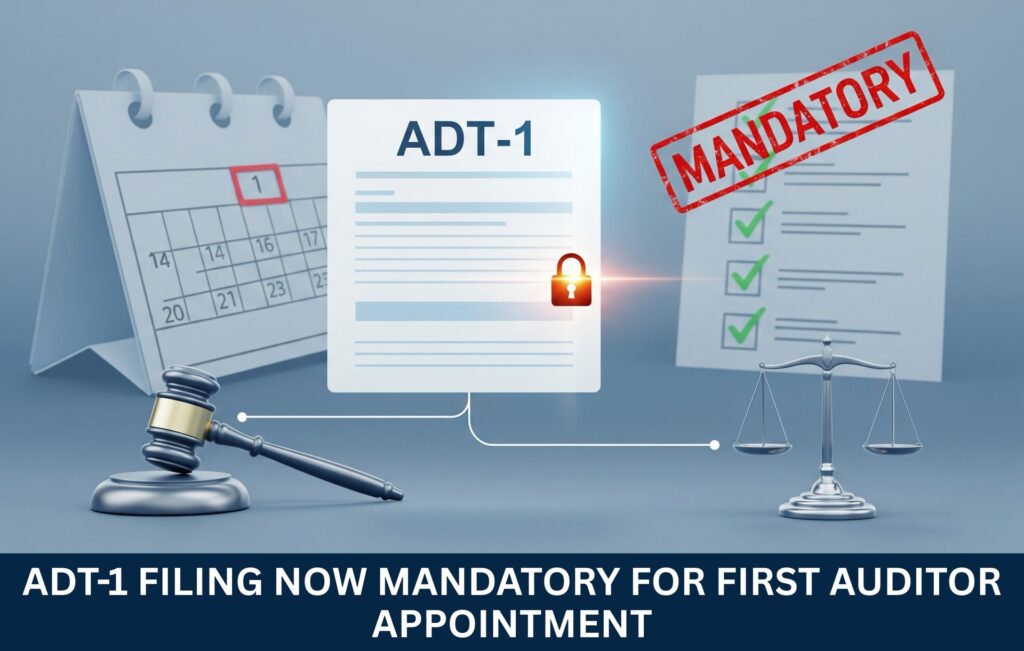 ADT-1 filing mandatory for first auditor appointment in India with legal compliance visuals.