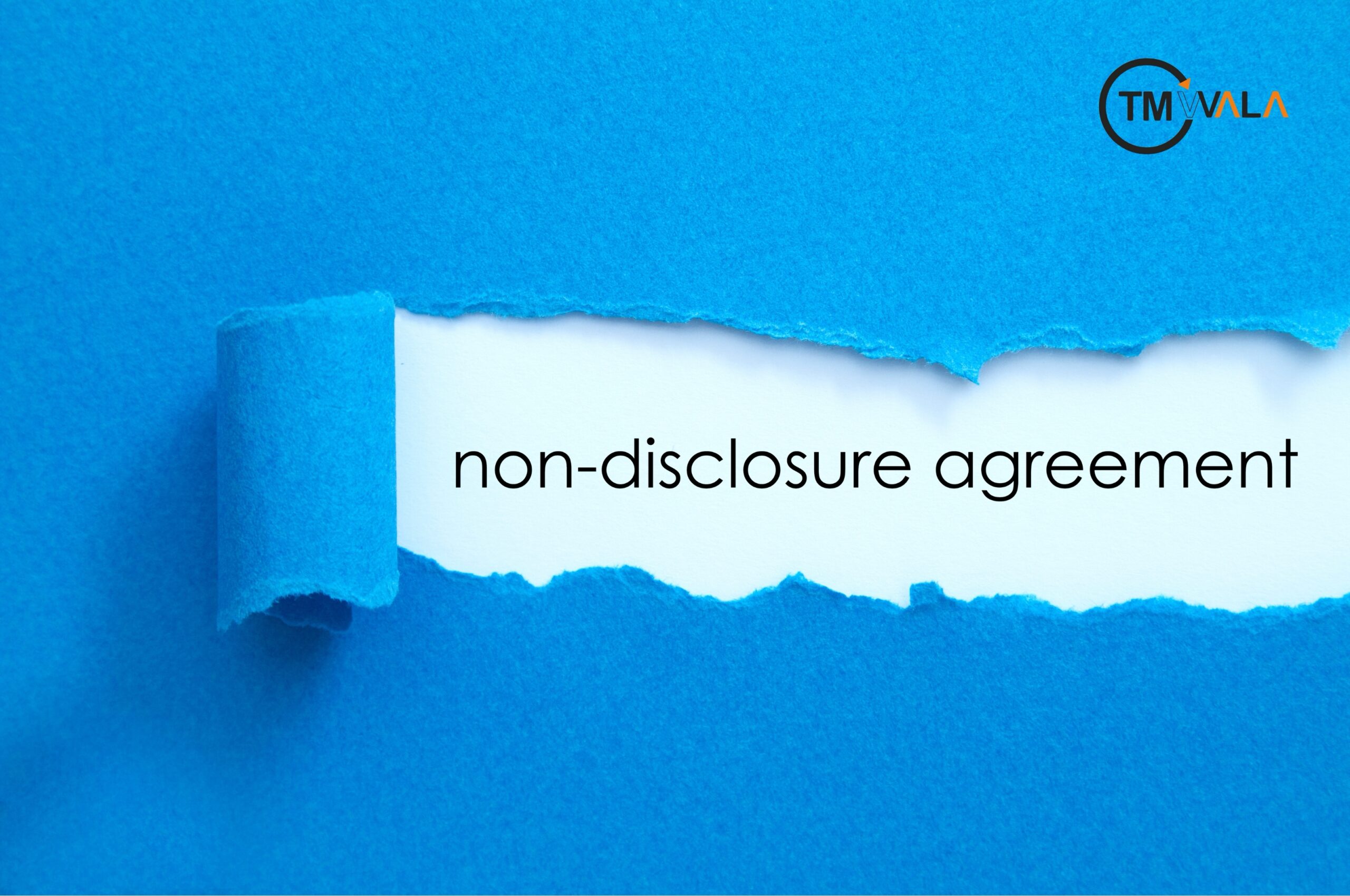 Non-disclosure agreement (NDAs) concept with blue torn paper revealing text.