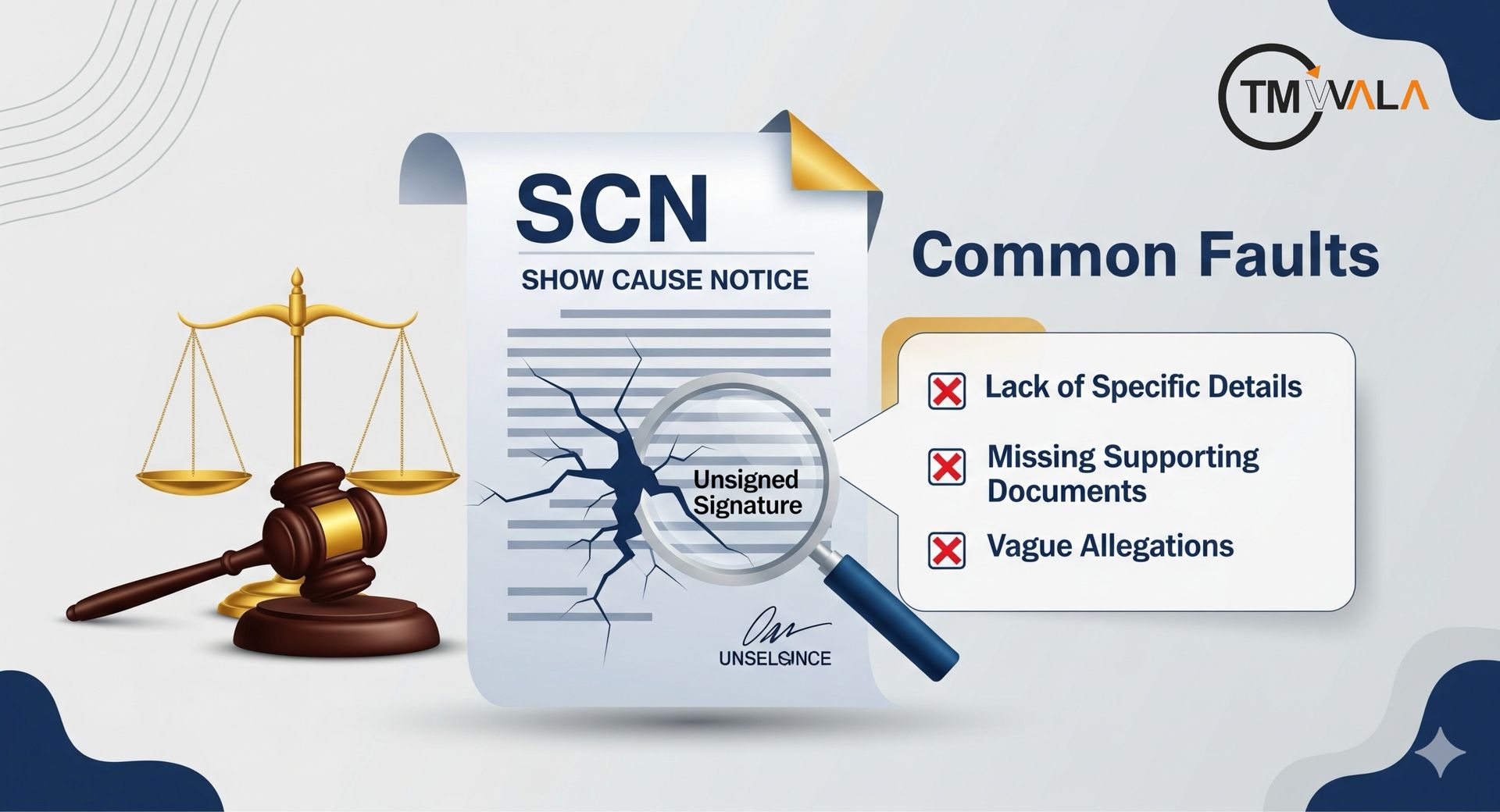 Show Cause Notice (SCN) common faults including unsigned signature, lack of details, missing documents, and vague allegations.