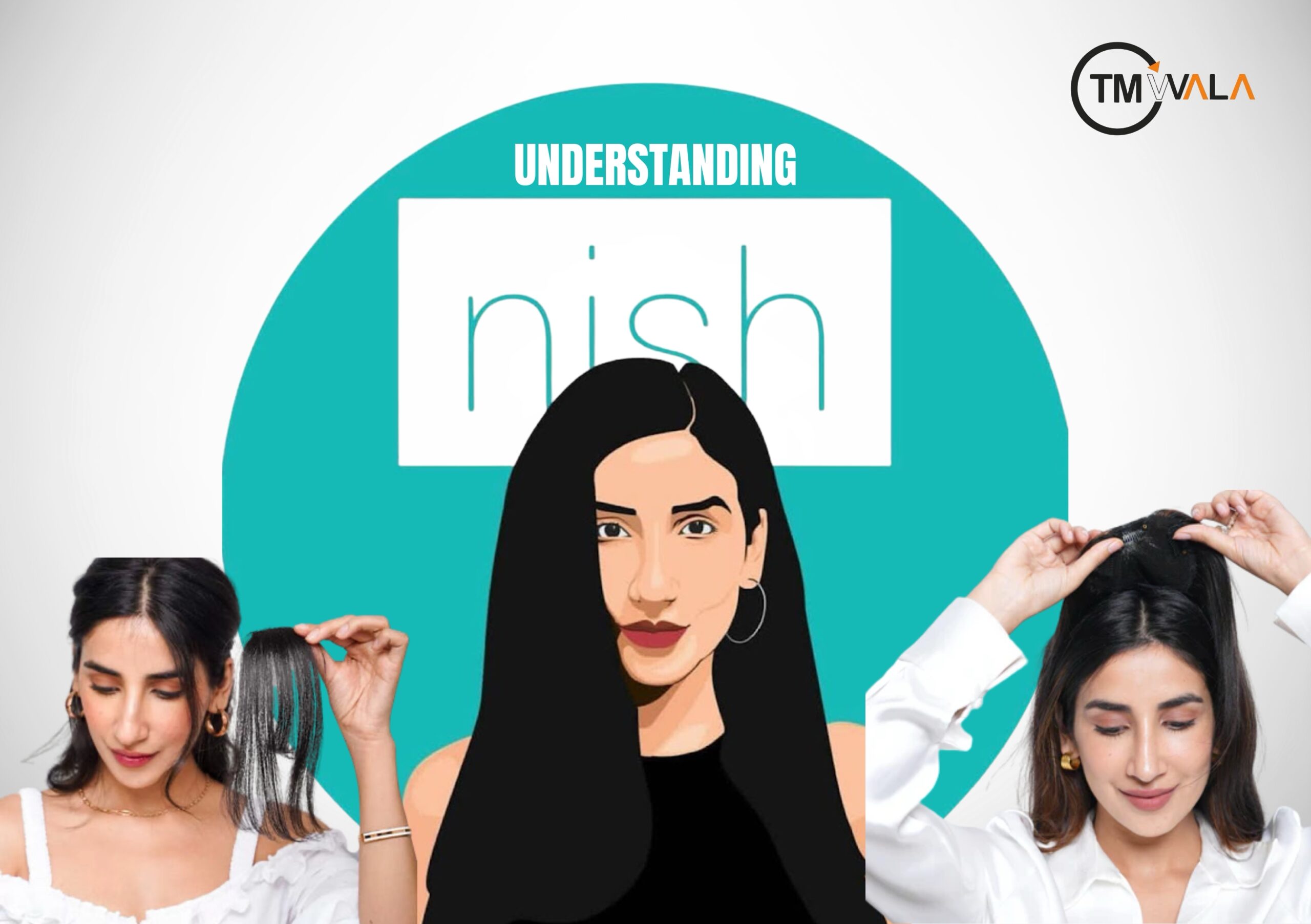 Understanding Nish Hair brand concept with woman illustration and hair extensions demonstration.