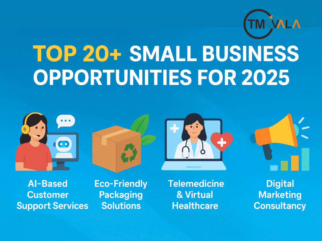 TOP 20+ SMALL BUSINESS OPPORTUNITIES FOR 2025 4 Top 20+ small business opportunities for 2025 including AI-based services, eco-friendly packaging, telemedicine, and digital marketing consultancy.