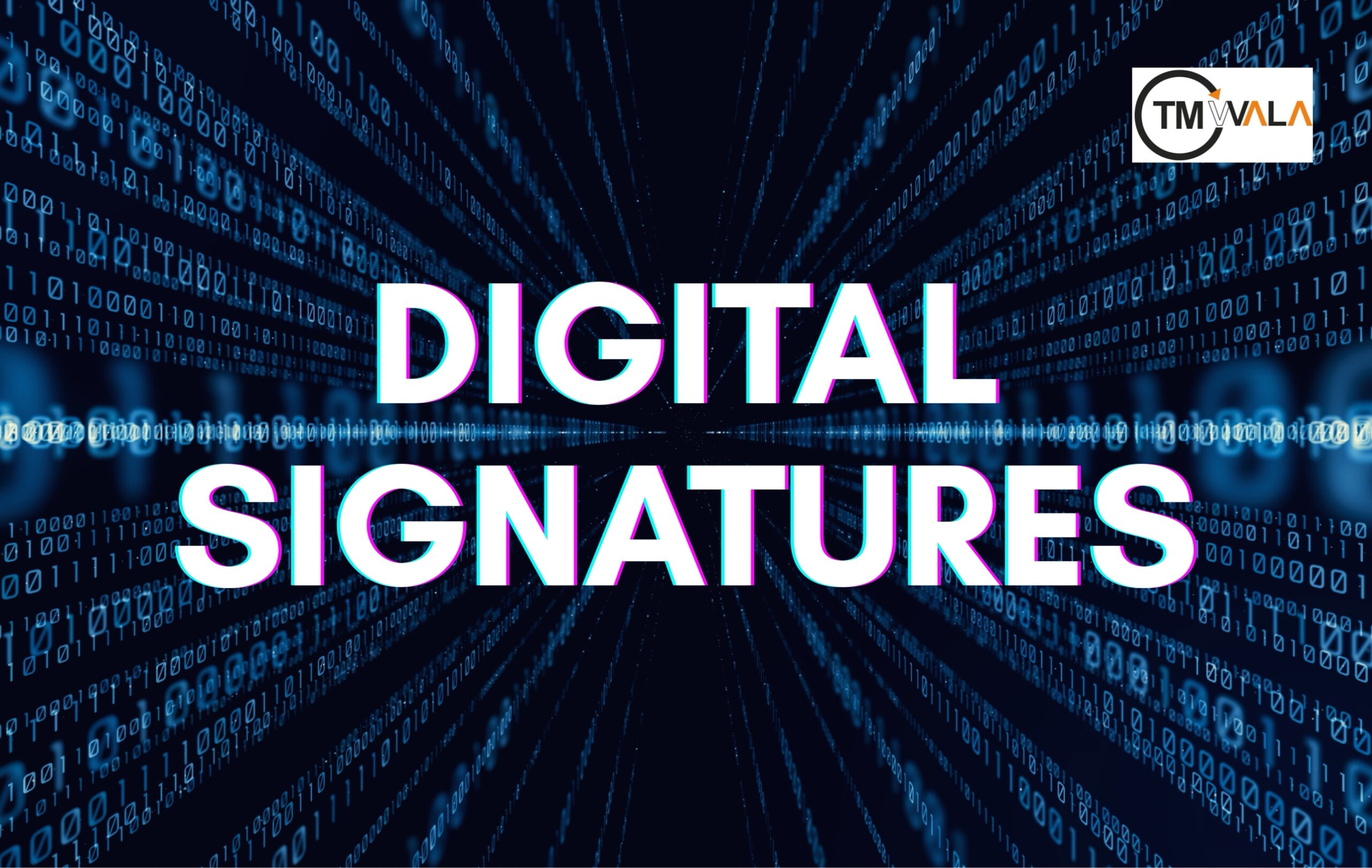 Digital signature certificates concept with binary code background and TM Wala logo