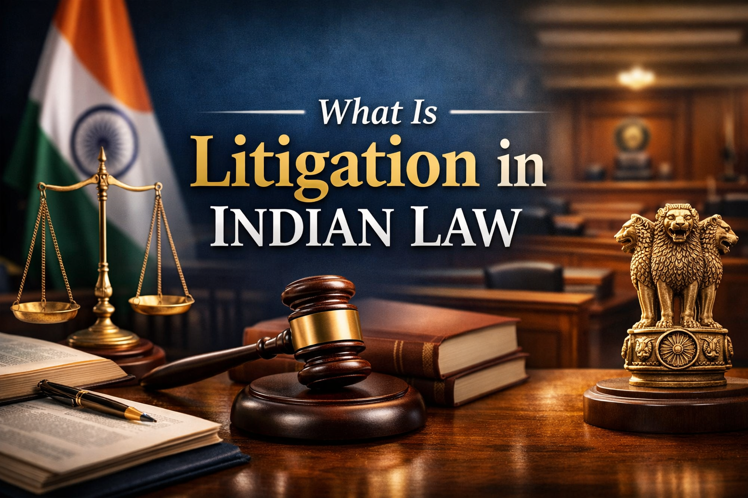 What is litigation in Indian law illustrated with a courtroom