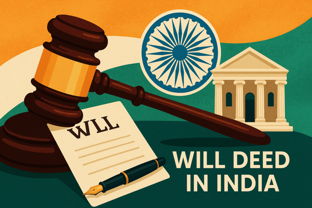 a will document, a fountain pen, the Ashoka Chakra, and a courthouse building, representing the concept of will deed in India.