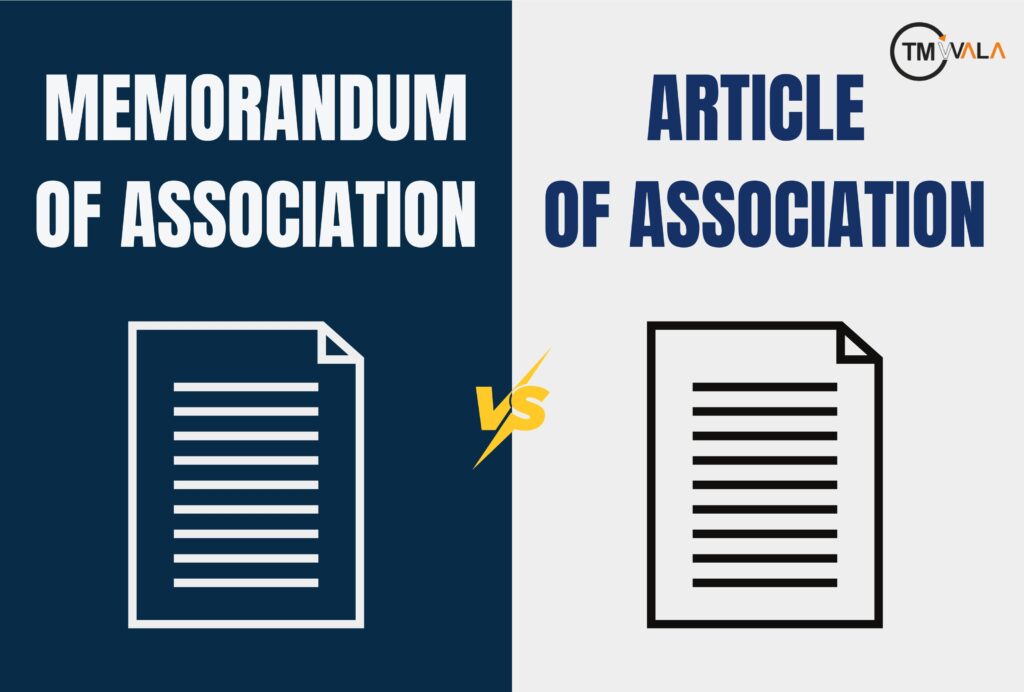 comparing the (MOA and AOA) Memorandum of Association (MOA) and Articles of Association (AOA), with document icons on each side and a “VS” symbol in the center.