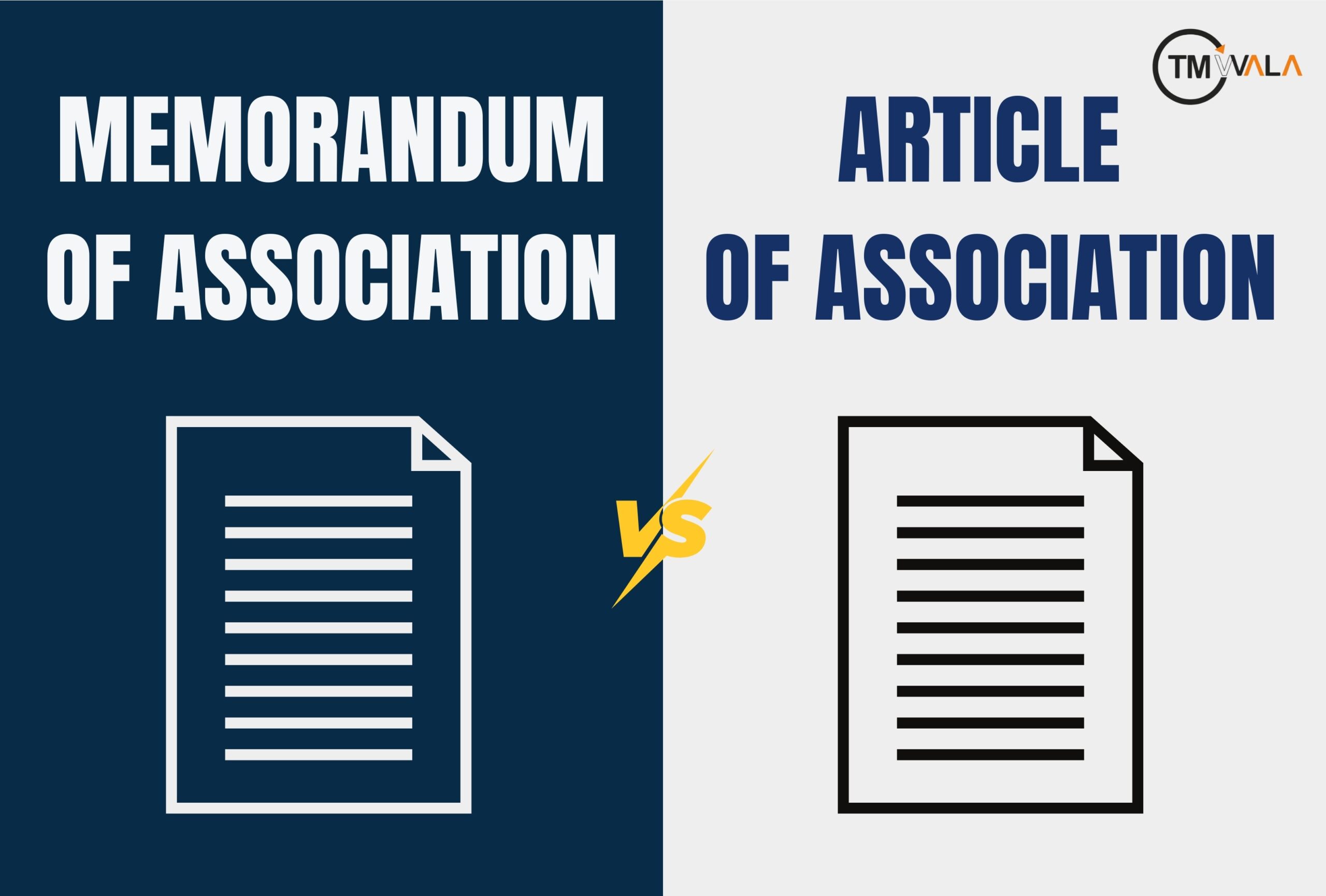 comparing the (MOA and AOA) Memorandum of Association (MOA) and Articles of Association (AOA), with document icons on each side and a “VS” symbol in the center.
