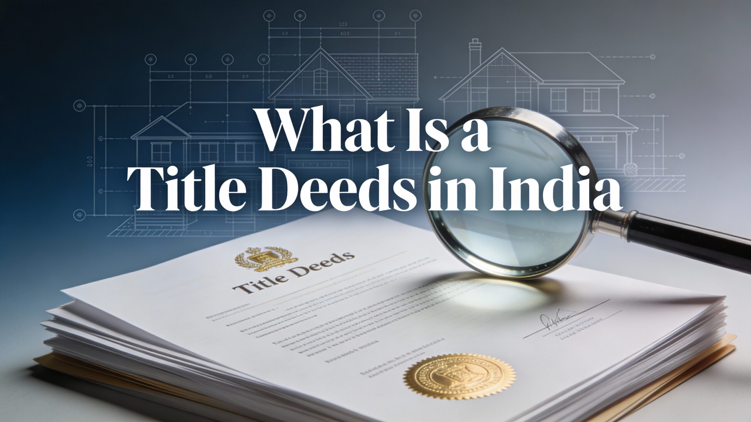 What is a title deeds in India shown with a magnifying glass over property documents.