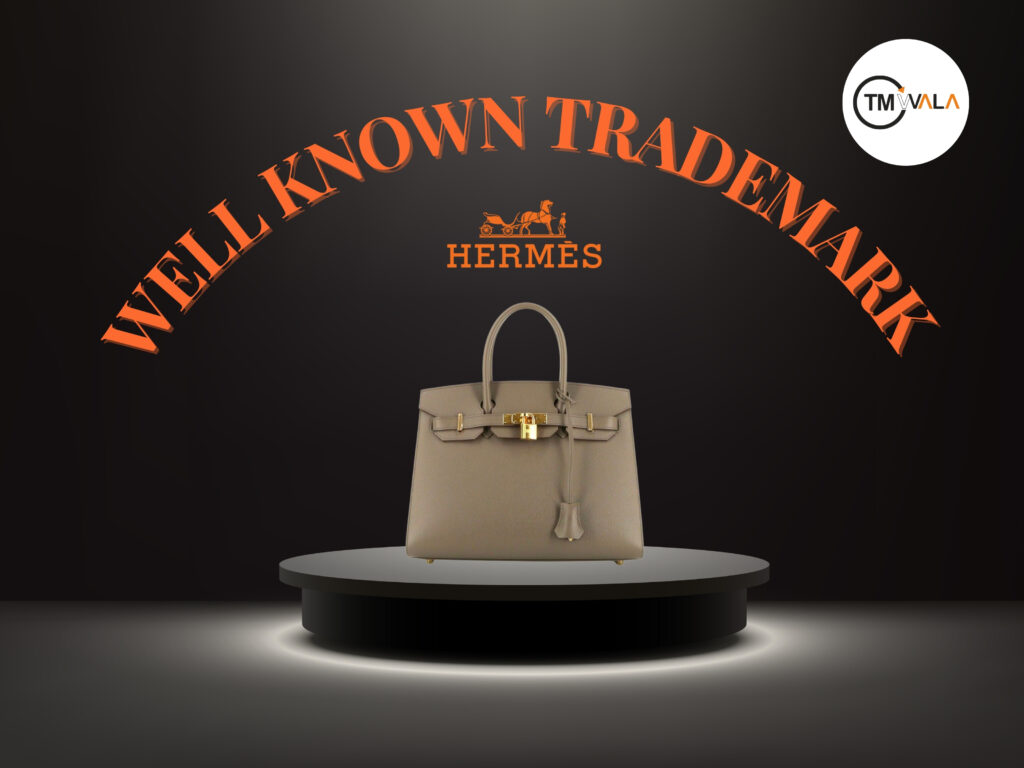 Luxury Hermès handbag displayed on a podium symbolizing a well-known trademark and brand recognition.