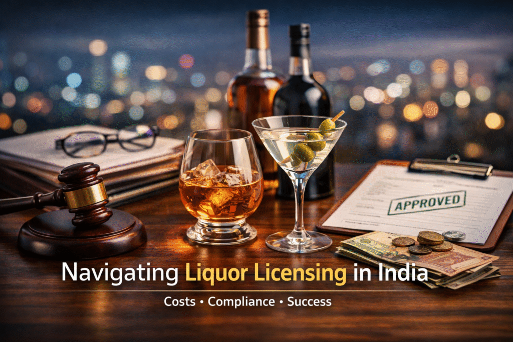 Liquor license concept in India showing alcohol bottles, drinks, a judge’s gavel, approved documents, and currency on a desk with a city skyline background.