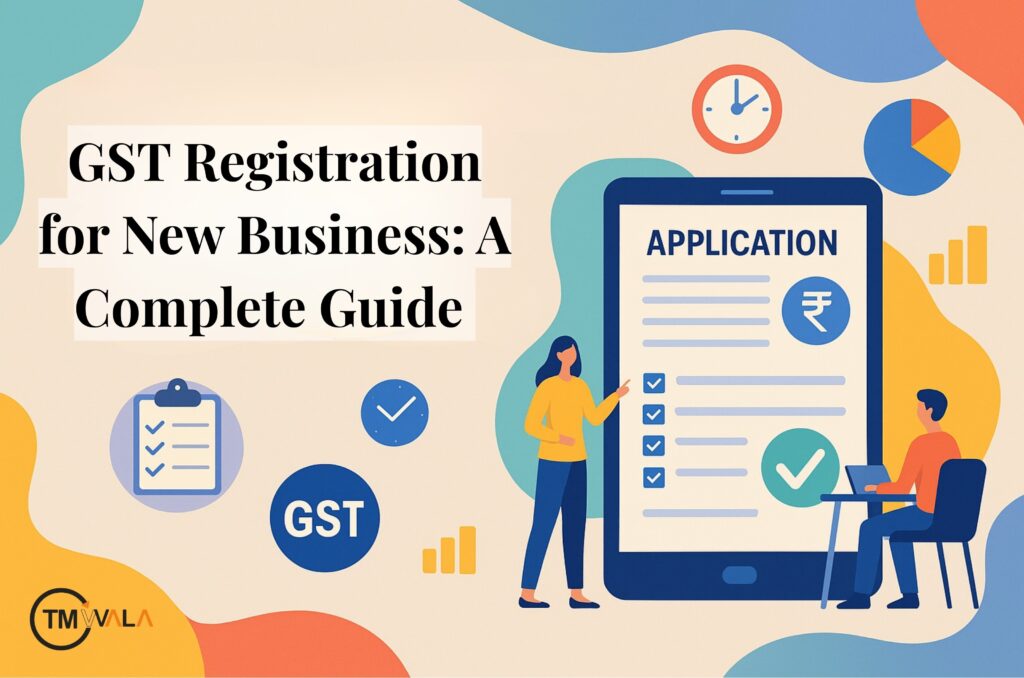 Illustration showing GST registration application process for a new business in India on a digital device.