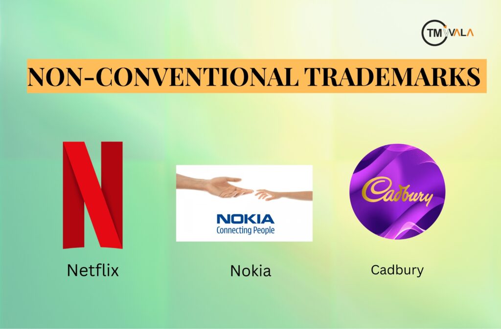 non-conventional trademarks with Netflix, Nokia, and Cadbury logos on a gradient background.