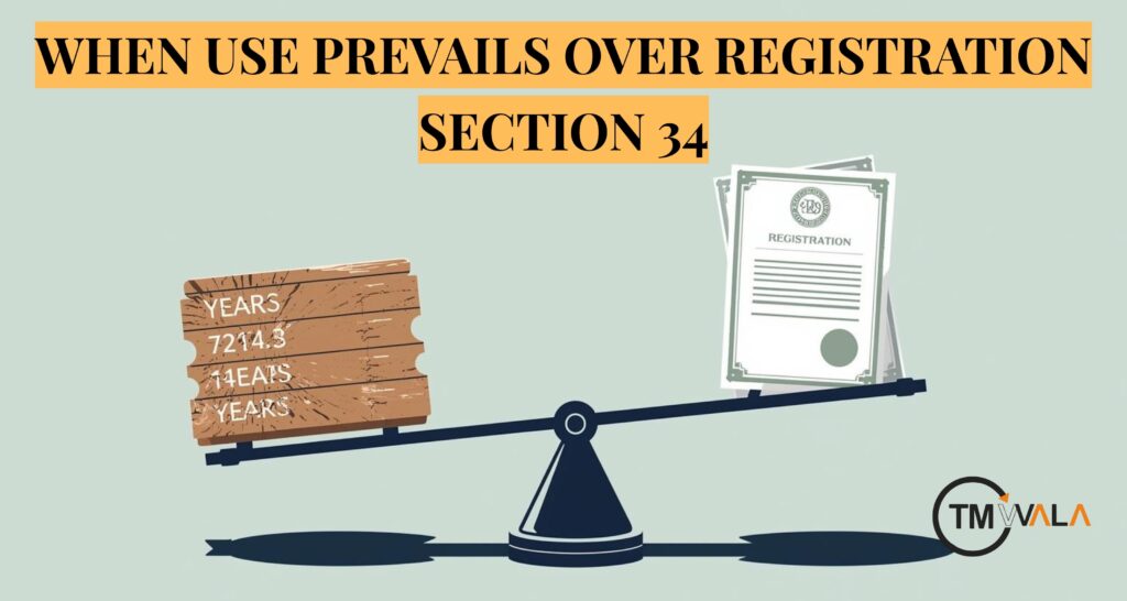 ong-term use prevails over registration under Section 34, depicted by a weighing scale balancing years of use against a registration document.