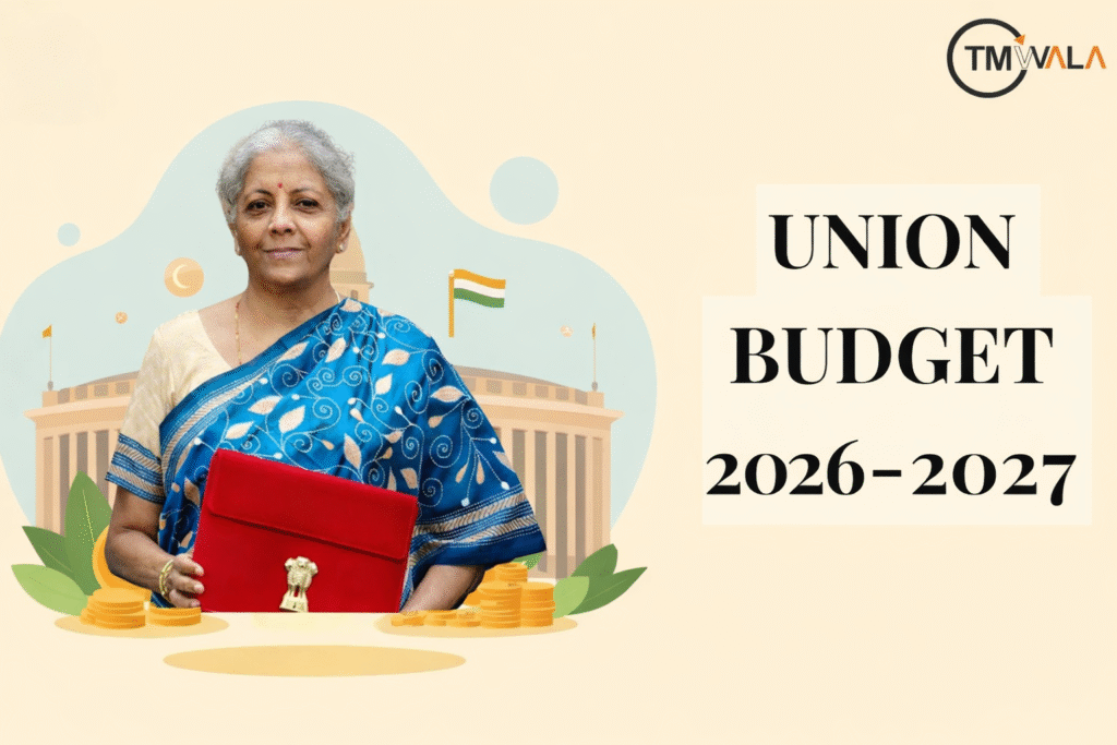 depicting India’s Union Budget 2026–2027 with the Finance Minister holding a red budget briefcase in front of the Parliament.