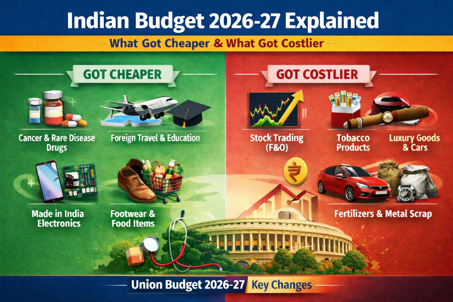 Indian Union Budget 2026–27 Explained: What Got Cheaper and What Got Costlier
