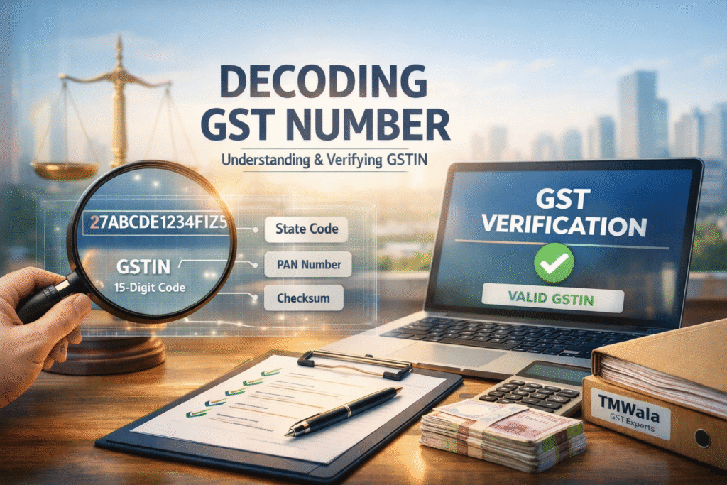 Decoding GST number Format showing GSTIN structure, state code, PAN, checksum, and GST verification on a laptop screen.”