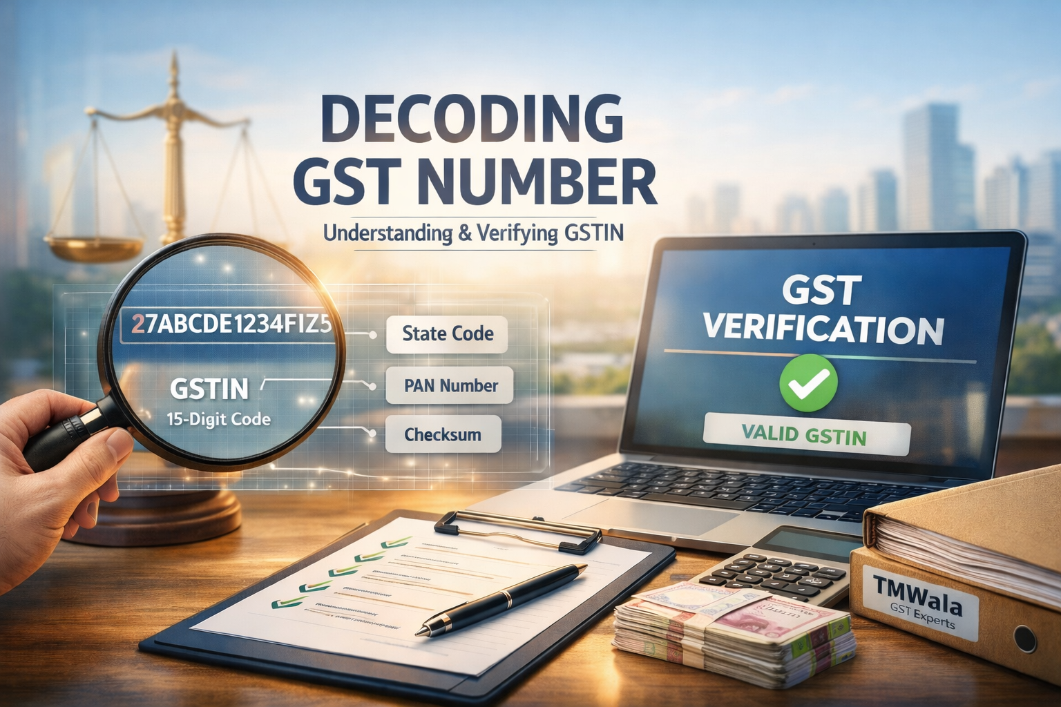Decoding GST number Format showing GSTIN structure, state code, PAN, checksum, and GST verification on a laptop screen.”