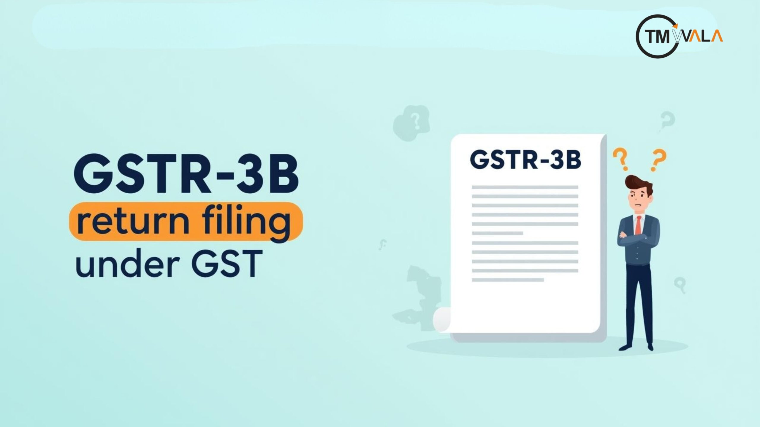 GSTR-3B return filing under GST illustration showing a taxpayer reviewing the GSTR-3B form with questions.