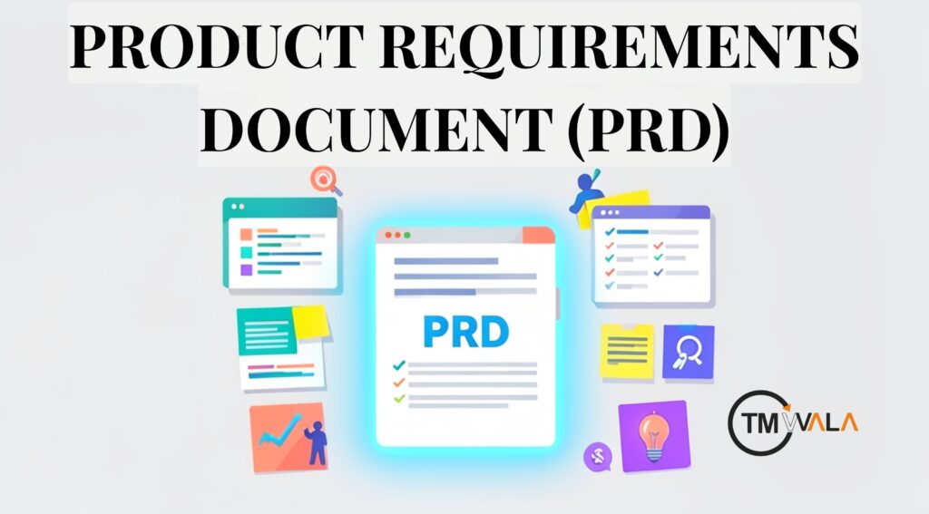 Product Requirements Document (PRD) illustration showing structured feature lists, checklists, analytics, and planning icons.