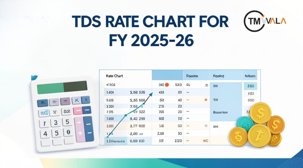 TDS rate chart for FY 2025–26 showing applicable tax deduction rates with calculator and financial icons.