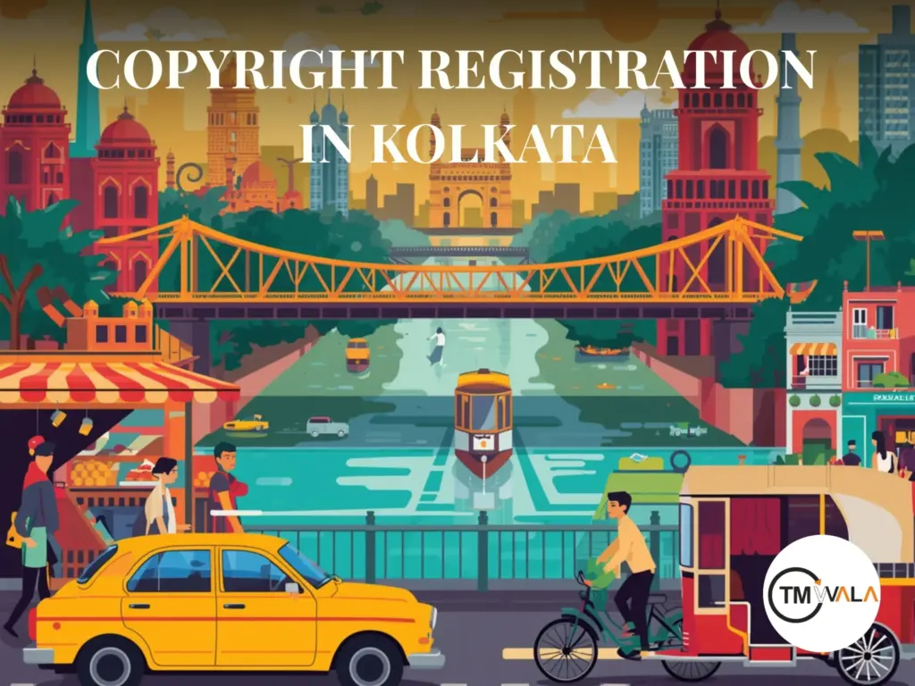 Copyright Registration in Kolkata 2 Illustration of Kolkata cityscape featuring Howrah Bridge, tram, yellow taxi, and urban landmarks representing copyright registration and intellectual property protection in Kolkata.