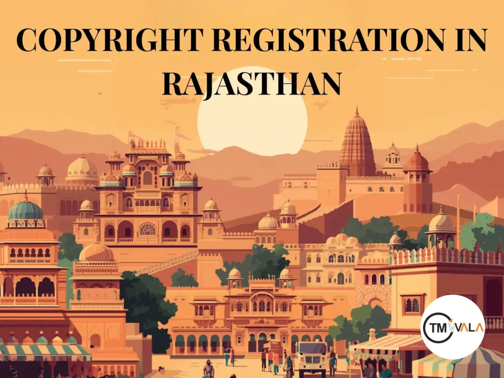 Copyright Registration In Rajasthan 1 Illustration of Rajasthan heritage architecture and cityscape representing Copyright Registration In Rajasthan with historic forts, palaces, and cultural landmarks.