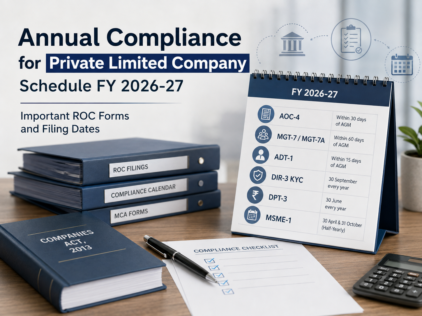 Annual compliance for private limited company FY 2026-27 showing ROC forms and filing due dates calendar